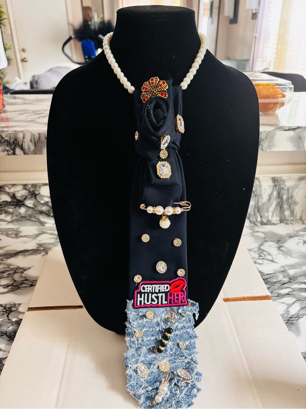 Pearl-Trimmed Black Statement Scarf Necklace - Certified Hustlher Accent